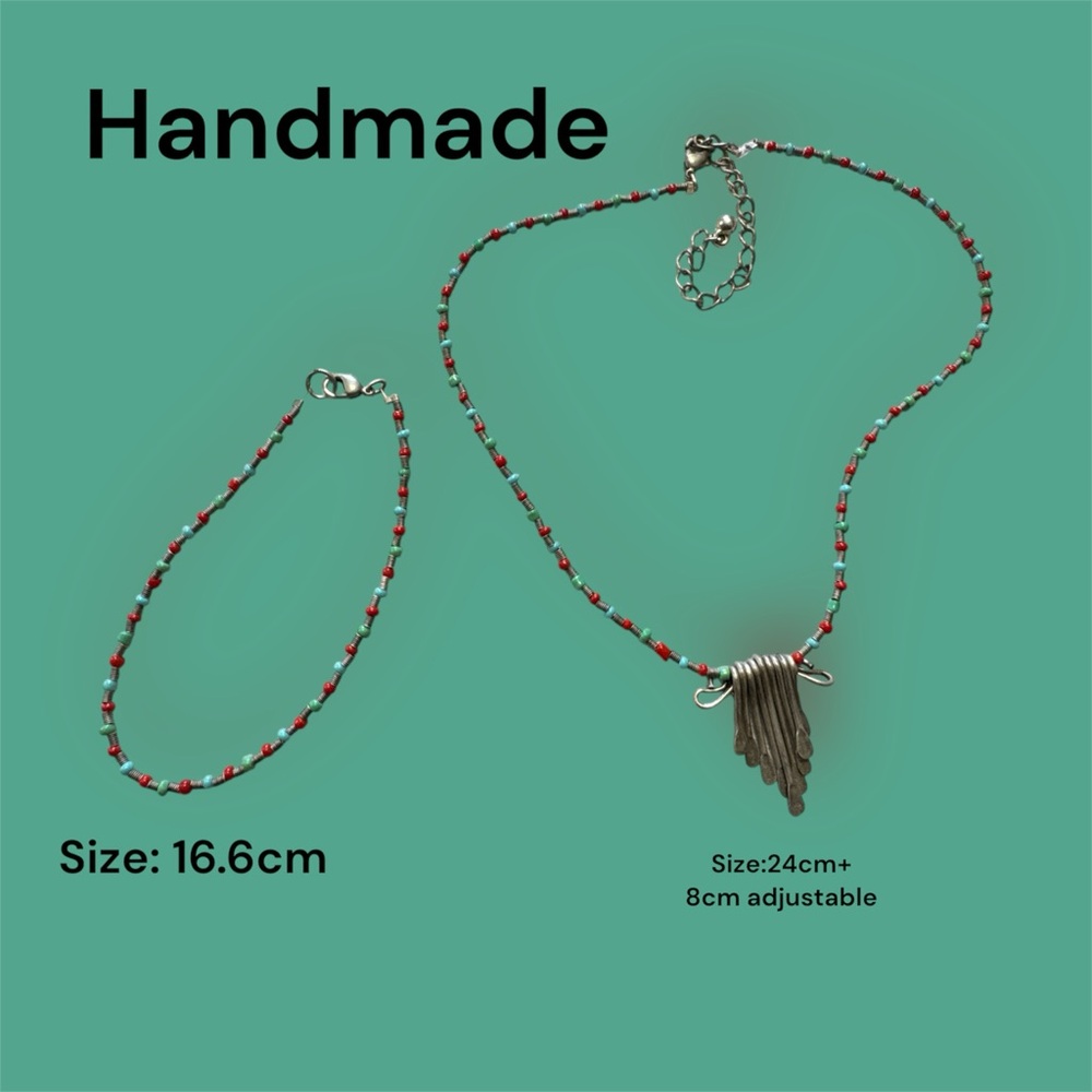 Silver and Red Beaded Necklace and Bracelet Set